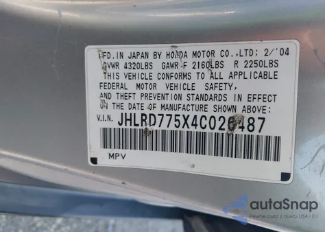2004 Honda Cr-V Lx z USA, uszkodzony, nr VIN JHLRD775X4C026487